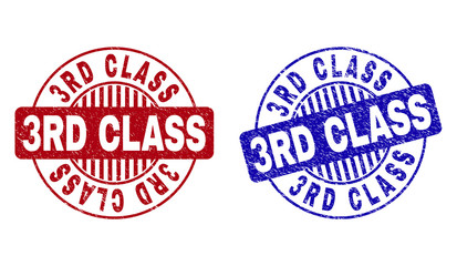 Grunge 3RD CLASS round stamp seals isolated on a white background. Round seals with grunge texture in red and blue colors. Vector rubber overlay of 3RD CLASS caption inside circle form with stripes.