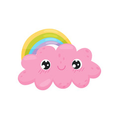 Pink cloud and rainbow on white background.