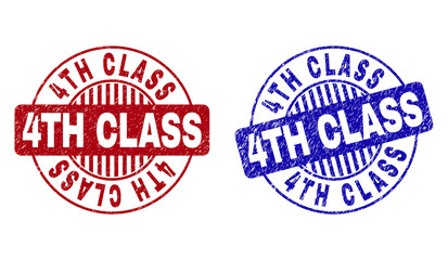 Grunge 4TH CLASS round stamp seals isolated on a white background. Round seals with grunge texture in red and blue colors. Vector rubber imitation of 4TH CLASS text inside circle form with stripes.