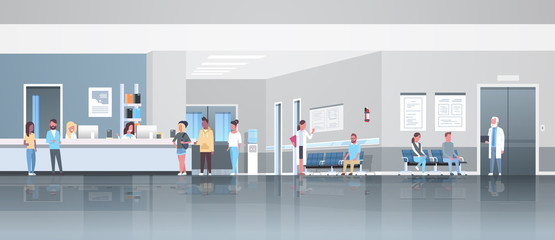 mix race patients standing line queue at hospital reception desk waiting hall doctors consultation healthcare concept medical clinic interior full length horizontal banner flat