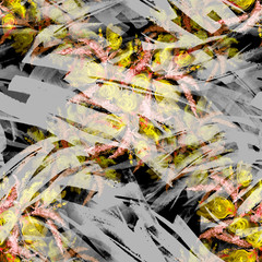 Watercolor seamless vintage background with a floral pattern, a branch of a rose flower, leaves, lavender, wild flower. Fashionable and stylish drawing. Abstract splash of red, yellow, black, orange