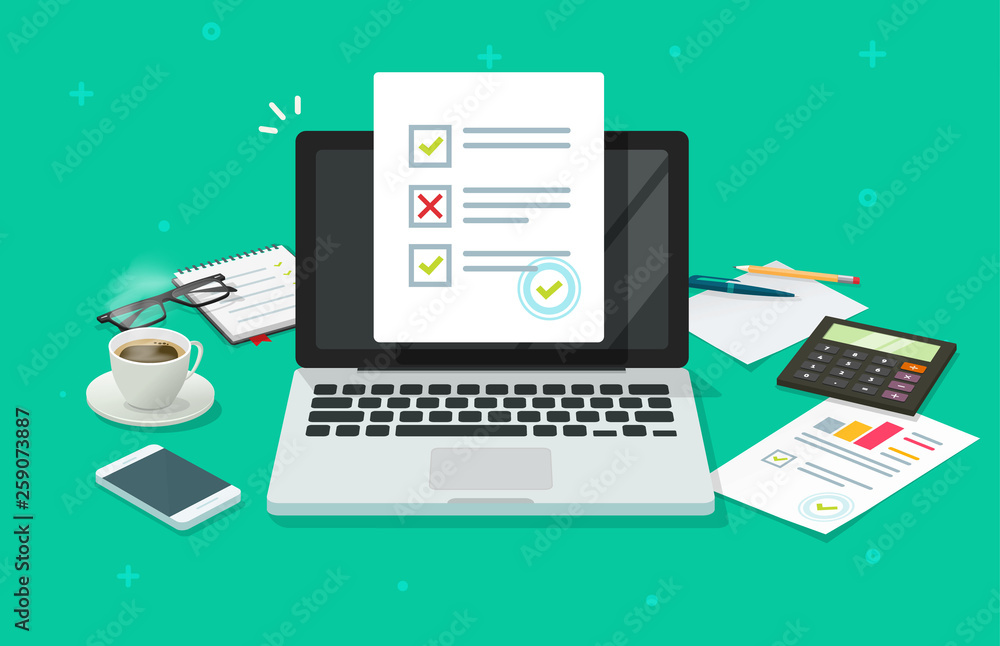 Poster survey online form on laptop vector illustration, working on computer quiz exam paper sheet document