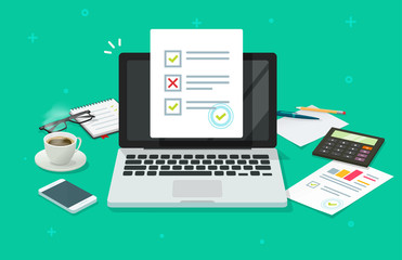 Survey online form on laptop vector illustration, working on computer quiz exam paper sheet document, on-line questionnaire results on desktop table flat cartoon, digital check list, internet test
