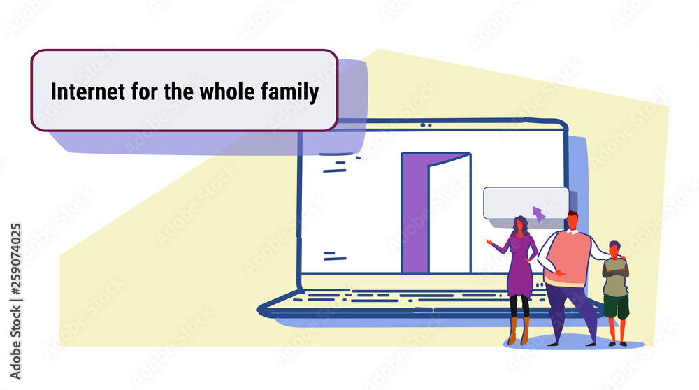 Poster parents and son using laptop computer web browser internet for whole family online browsing concept 