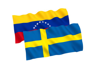 National fabric flags of Venezuela and Sweden isolated on white background. 3d rendering illustration. Proportion 1:2