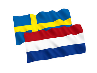 National fabric flags of Netherlands and Sweden isolated on white background. 3d rendering illustration. Proportion 1:2