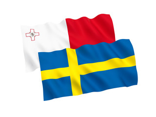 National fabric flags of Sweden and Malta isolated on white background. 3d rendering illustration. Proportion 1:2