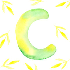  watercolor letter with leaves or dinosaurs on a white background