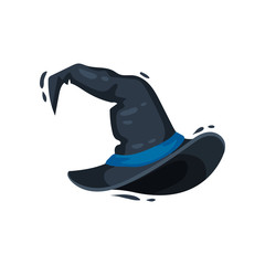 Witch hat with blue ribbon on white background.