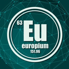 Europium chemical element. Sign with atomic number and atomic weight. Chemical element of periodic table. Molecule And Communication Background. Connected lines with dots.