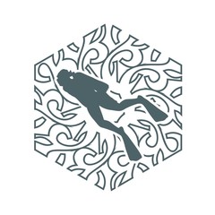 Silhouette of diver. Outline web icon of diver in the ornamental frame. The concept of sport diving.