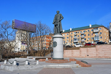 Russia. Monument of Muravyov-Amursky in Vladivostok in winter in sunny day