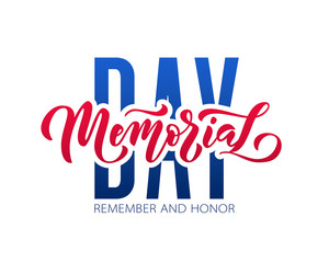 Memorial Day. Remember and honor. Vector illustration Hand drawn text lettering with stars for Memorial Day in USA. Script. Calligraphic design for print greetings card, sale banner, poster. Colorful