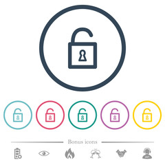 Unlocked padlock with keyhole flat color icons in round outlines