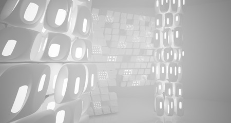 White smooth abstract architectural background. Night view with illumination. 3D illustration and rendering