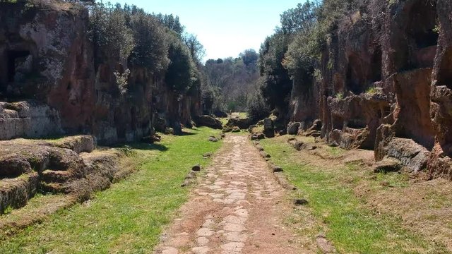 Remains of Etruscan tombs on the sides of road Amerina. Aerial View