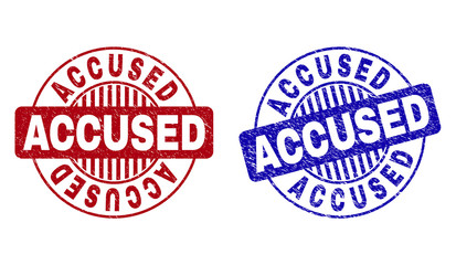 Grunge ACCUSED round stamp seals isolated on a white background. Round seals with grunge texture in red and blue colors. Vector rubber watermark of ACCUSED tag inside circle form with stripes.