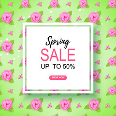 Colorful Spring / Summer sale Banner with flowers on green background. Up to 50% sale. Place for text