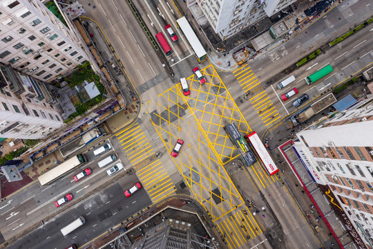 Top view of Hong Kong traffic road intersection in city