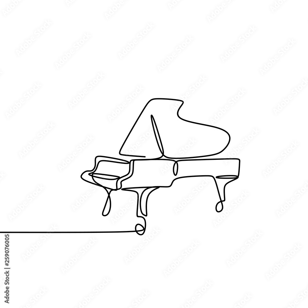 Poster continuous drawing line piano music instrument with minimalist design characteristics.