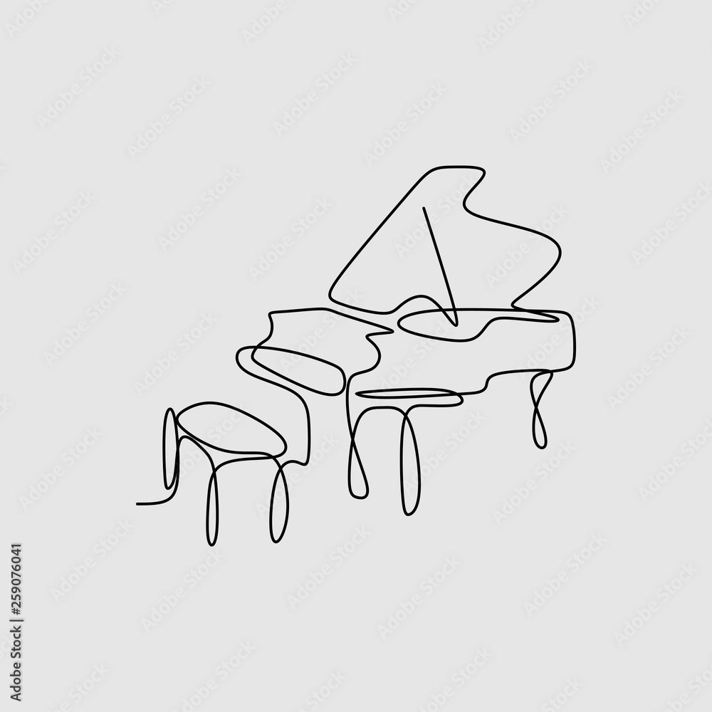 Poster continuous drawing line piano music instrument with minimalist design characteristics.