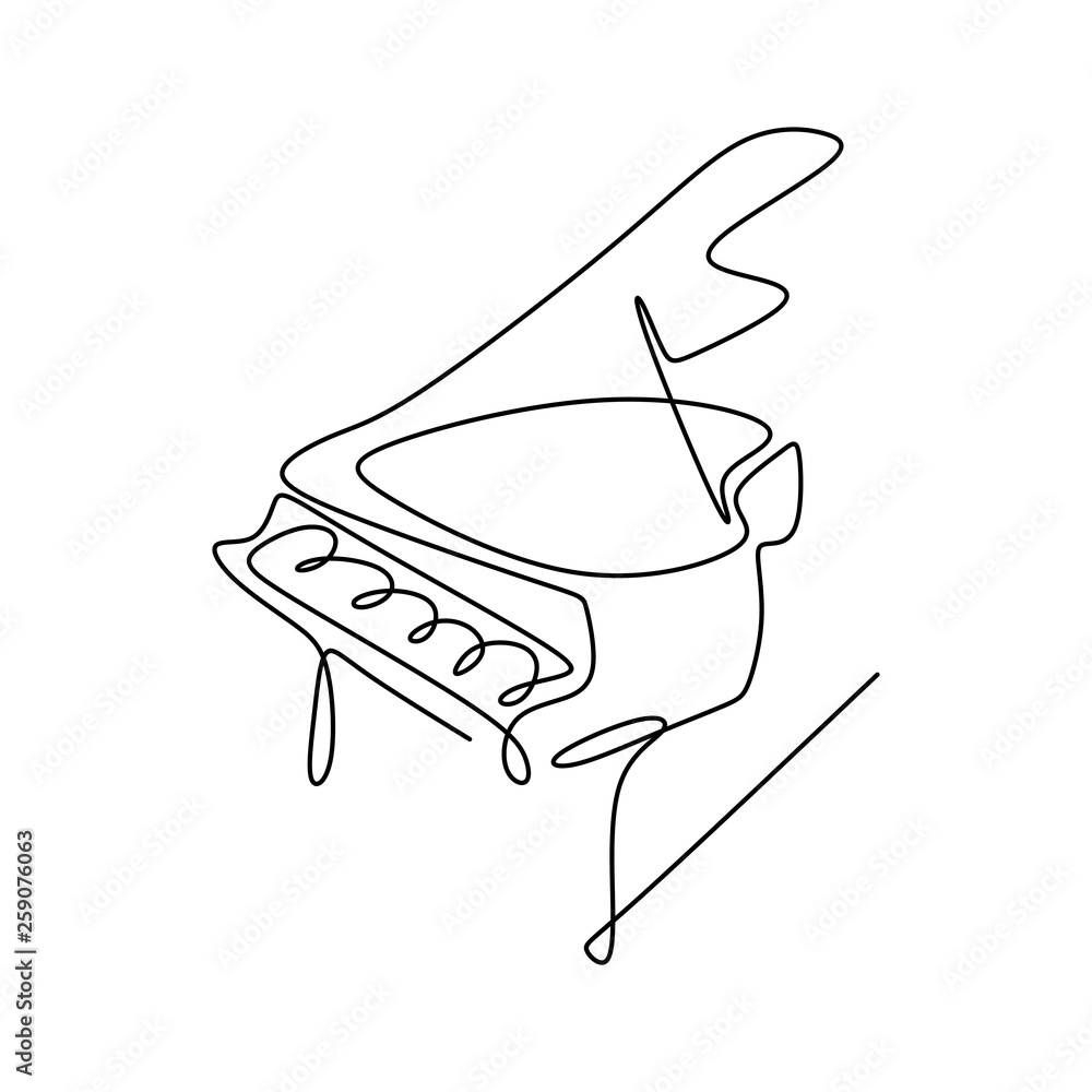 Poster continuous drawing line piano music instrument with minimalist design characteristics.