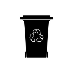 Vector illustration concept with sign of garbage bin with symbol of recycling. Black silhouette. White background