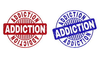 Grunge ADDICTION round stamp seals isolated on a white background. Round seals with grunge texture in red and blue colors. Vector rubber overlay of ADDICTION title inside circle form with stripes.