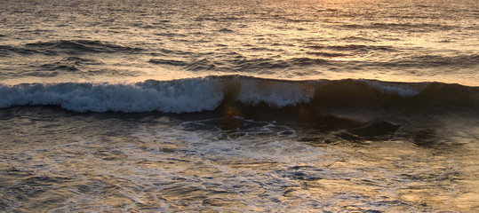 Wave crashing in the sea, at sunset with water drops splashing and flying in the air and warm orange color from the sun