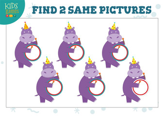 Find two same pictures kids game vector illustration. Activity for preschool children