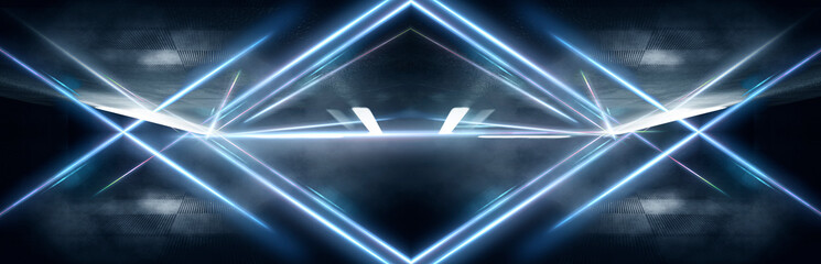 Tunnel in blue neon light, underground passage. Abstract blue background. Background of an empty black corridor with neon blue light. Abstract background with lines and glow, rays and symmetrical refl