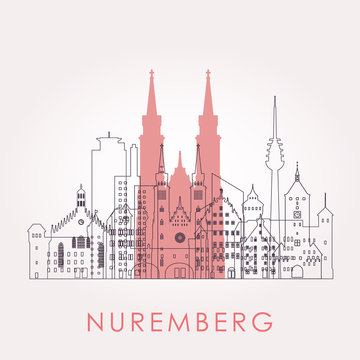 Outline Nuremberg skyline with landmarks. Vector illustration. Business travel and tourism concept with historic buildings. Image for presentation, banner, placard and web site.