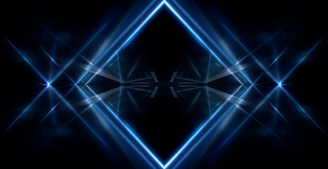 Tunnel in blue neon light, underground passage. Abstract blue background. Background of an empty black corridor with neon blue light. Abstract background with lines and glow, rays and symmetrical refl