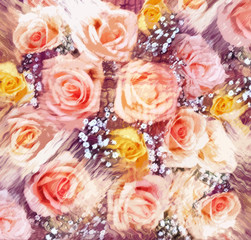 Floral background withstylized pink and yellow roses on grunge striped wavy backdrop