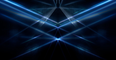 Tunnel in blue neon light, underground passage. Abstract blue background. Background of an empty...