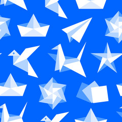 Origami seamless pattern with flat icons. Paper cranes, bird, boat, plane vector illustrations. Colored background blue, white color signs for japanese creative hobby