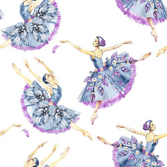Seamless pattern of ballet dancers, watercolor painting. It can be used for card, postcard, cover, invitation, wedding card, mothers day card, birthday card, poster, print. © Natali_Mias
