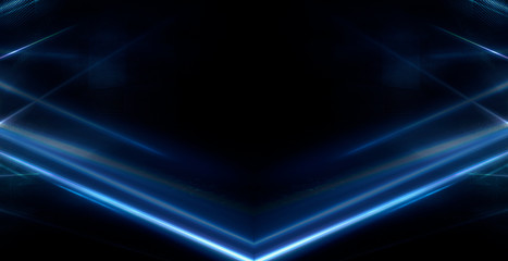Tunnel in blue neon light, underground passage. Abstract blue background. Background of an empty black corridor with neon blue light. Abstract background with lines and glow, rays and symmetrical refl