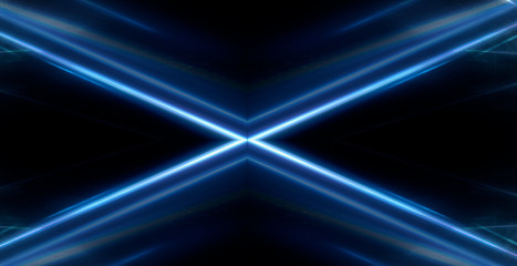 Tunnel in blue neon light, underground passage. Abstract blue background. Background of an empty black corridor with neon blue light. Abstract background with lines and glow, rays and symmetrical refl