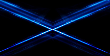 Tunnel in blue neon light, underground passage. Abstract blue background. Background of an empty black corridor with neon blue light. Abstract background with lines and glow, rays and symmetrical refl