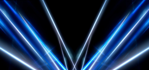 Tunnel in blue neon light, underground passage. Abstract blue background. Background of an empty...