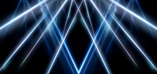 Tunnel in blue neon light, underground passage. Abstract blue background. Background of an empty black corridor with neon blue light. Abstract background with lines and glow, rays and symmetrical refl