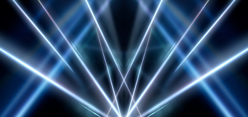 Tunnel in blue neon light, underground passage. Abstract blue background. Background of an empty black corridor with neon blue light. Abstract background with lines and glow, rays and symmetrical refl