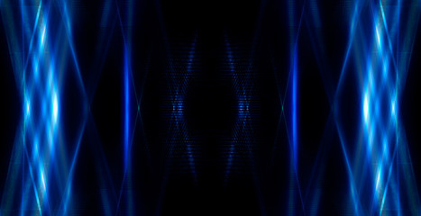Tunnel in blue neon light, underground passage. Abstract blue background. Background of an empty black corridor with neon blue light. Abstract background with lines and glow, rays and symmetrical refl