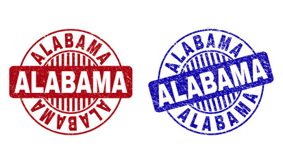 Grunge ALABAMA round stamp seals isolated on a white background. Round seals with grunge texture in red and blue colors. Vector rubber imprint of ALABAMA text inside circle form with stripes.