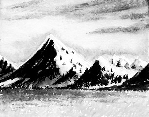 original watercolor painting - lake side mountains