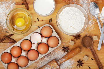 Food ingredients for baking: flour, eggs, milk, sugar