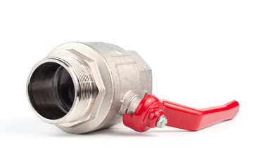 Ball water valve for plumbing with red handle, on white background