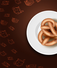 Beautiful Background Baking and Tea Drinking Cups and kettles Doodle Drawings Hands with Realistic Plate On which the Buns lie.