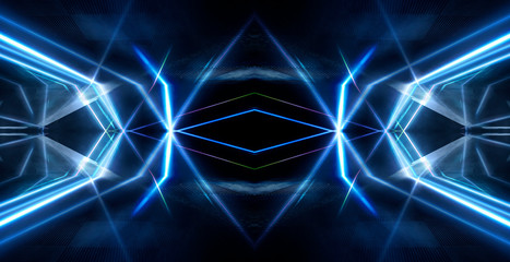 Tunnel in blue neon light, underground passage. Abstract blue background. Background of an empty black corridor with neon blue light. Abstract background with lines and glow, rays and symmetrical refl